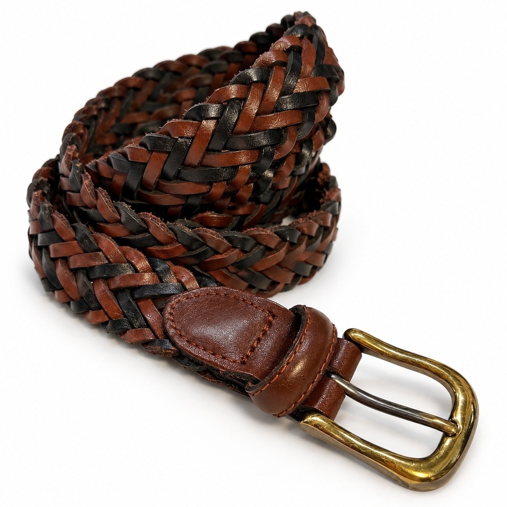 Mens Two Tone Brown Black Braided Leather Belt Solid Brass Buckle Size 42